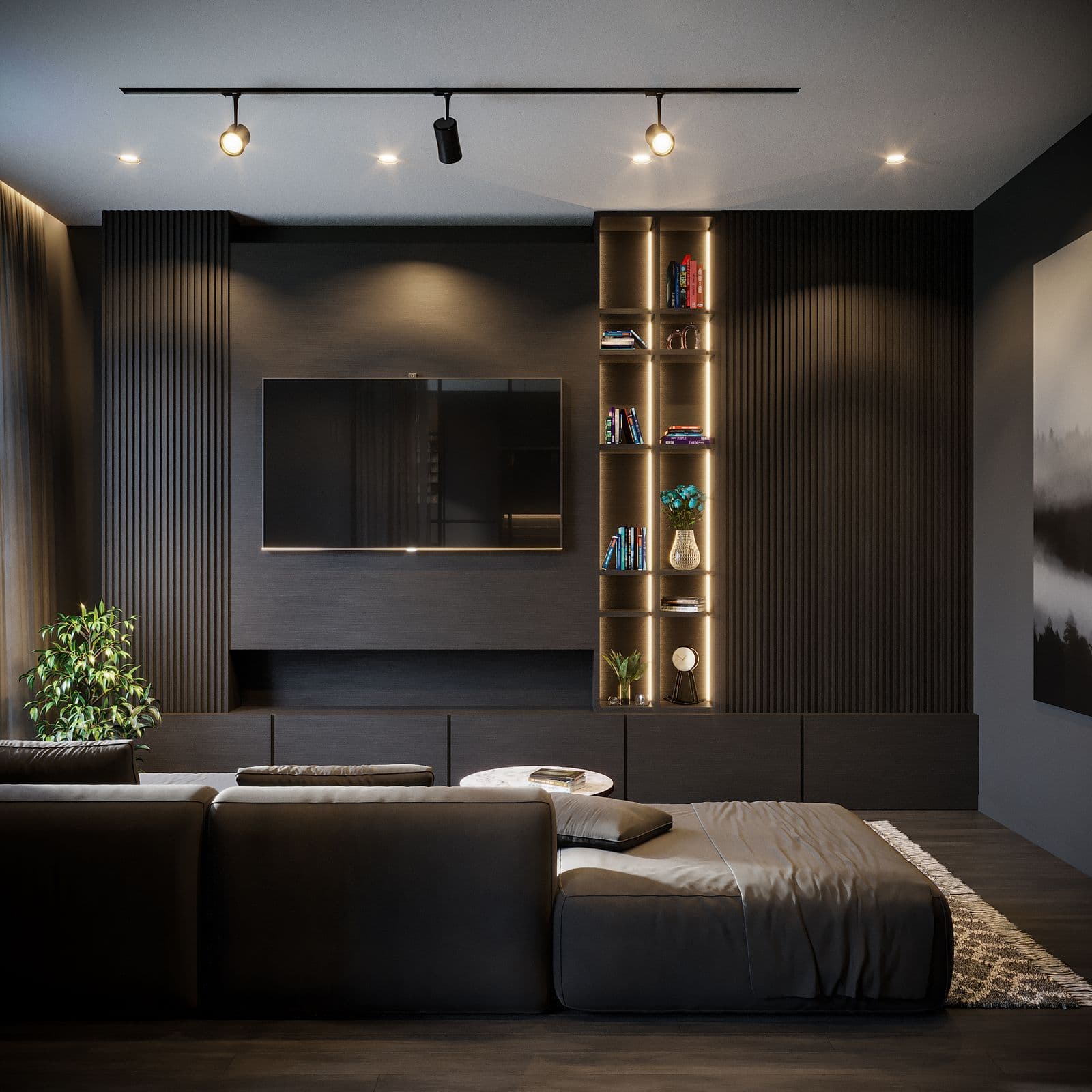 TV on a dark slatted feature wall in a lounge with track lighting