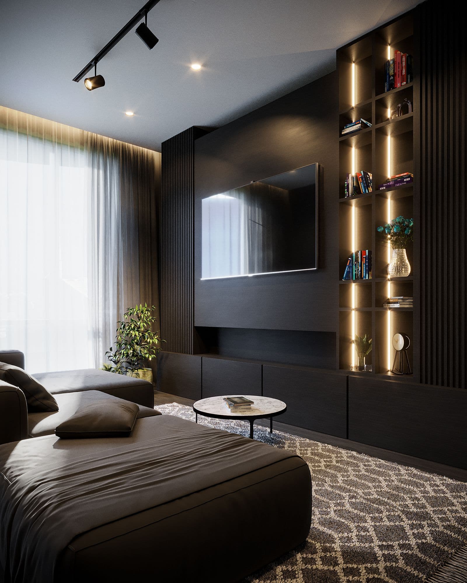 TV on a dark wood feature wall with backlit shelving beside it
